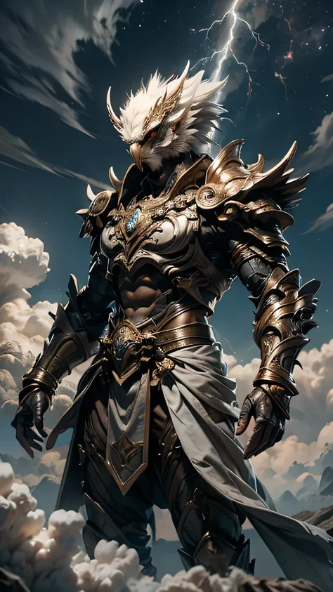 garuda, (bird head:1.3), very hairy body, huge body, (bird talons:1.2), luxurious armor, dynamic pose, cinematic lighting effect...