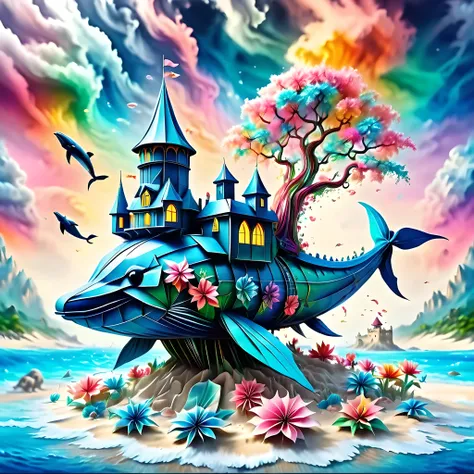 illustration, fantasy, dream castle on caribbean island, white sand and blue sea, whales and dolphins, flowers, nature, rolling ...