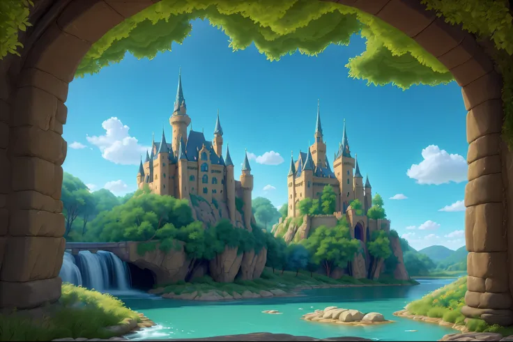 A magical castle in a dreamlike and mysterious setting, detailed with intricate features under a blue sky and fluffy white clouds. The castle is ancient and mystical, surrounded by a lush forest, flowing river, and blooming flowers. The scene is enchanting...