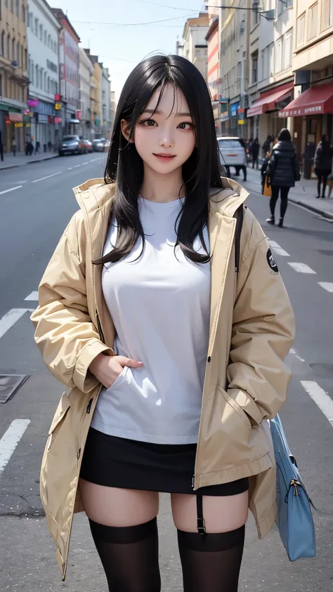 top-quality、supreme１People Girls,hightquality,A detailed face、A detailed eye、Detailed nose、Detailed mouth、 Beautiful expression, ((masuter piece)), ((High resolution)), ((Best Quality)), detail, (Excited face.Very happy,),(tshirts、parka、Tight mini skirt、Bl...