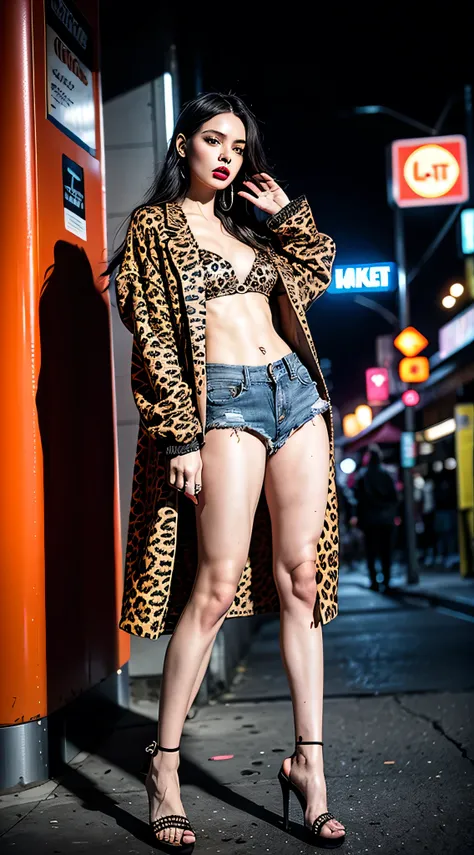 Bad Girl, toilet sandals, Leopard print coat, whole body, detailed,long-haired girl,red lipstick,badass attitude,hazy atmosphere,neon lights,cityscape,tattoos,low-angle shot,grungy aesthetic,messy hair,smokey eye makeup,piercings,cool poses,edgy fashion,vi...