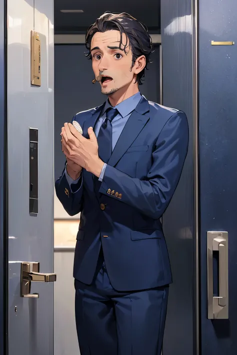 ((best quality)), ((masterpiece)), ((detailed)), (((perfect face))), (((40yo Spanish man in navy blue suit))), (((surprised:1.5))), (((standing by elevator door))), (((big wide eyes))), (((mouth open)))