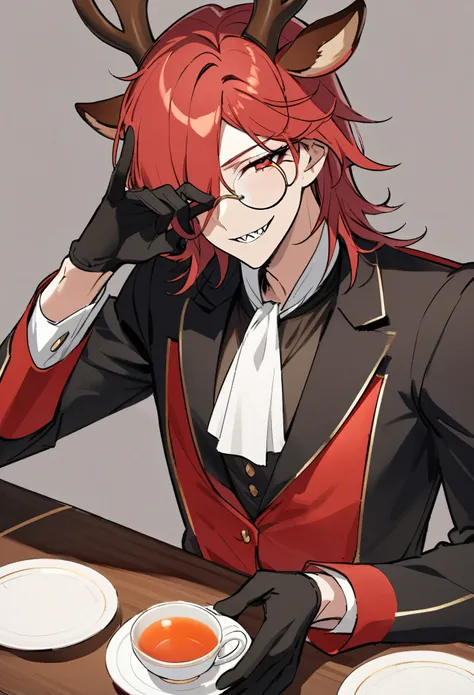 Solo, a very handsome tall man, slender, black gloves, spiked teeth, red eyes, long red hair, hair covering one eye, cute deer antlers on head, seductive smile, wearing red butlers suit, holding a cup of tea and a small plate, pinky out,, wearing a monocle...