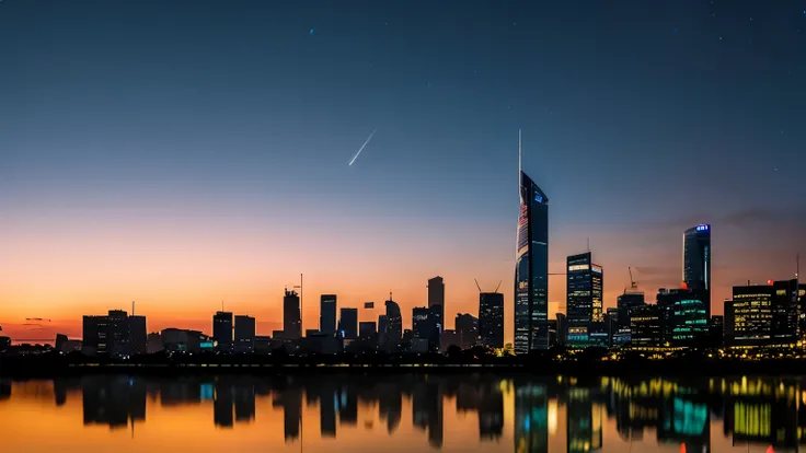 arafficial City skyline with skyscrapers reflected in a lake at dusk, Urban reflection, Urban reflections, Sydney, City light reflections, city dusk landscape, twilight skyline, City dusk, Sydneyカーラインに触発された, Cityscape, Urban Background, City skyline, Skyli...