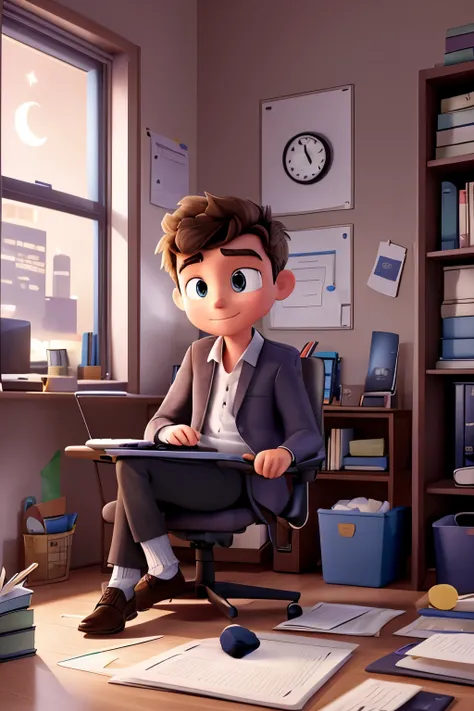 The Procrastination Prodigy: Illustrate a night-time office setting with a stressed young person lounging on a bean bag, laptop on lap, surrounded by scattered papers, books, and a visible pile of laundry in the corner. The wall clock shows a late hour, an...