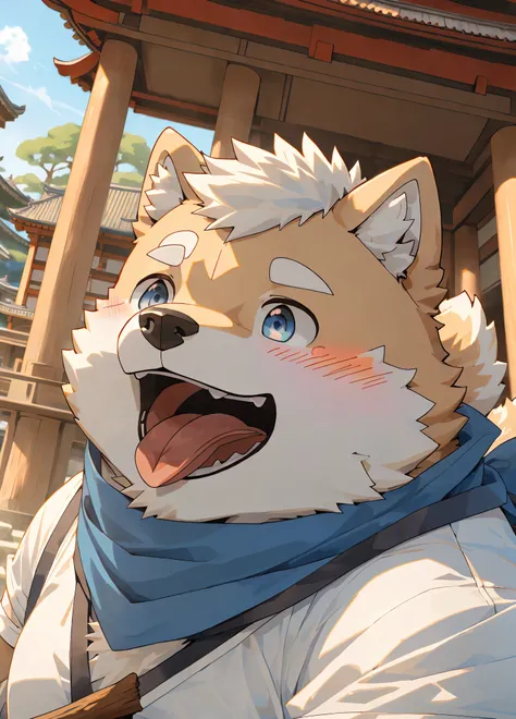 (masterpiece)，(Very detailed)，(best quality)，hairy，Shiba Inu，fur，white hair，Gray pupil，(Japan samurai attire)，((blue scarf))，((Stick out your tongue and gasp))，(blush:1.1)，((Cute expression))，Temple Background，8k，(high quality)，(Ultra HD)，(Super detailed)