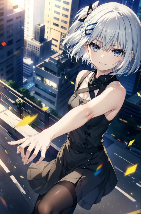 origamitobiichi, Origami Tobiichi Casual, short hair, blue eyes, hair ornaments, Gray Hair, Sleeveless dress,Long skirt,Black Pantyhose,Stiletto heels,happy smile, smile, Open your mouth,Real Summer,Daytime,sunny,Light of the sun,As if your whole body is i...