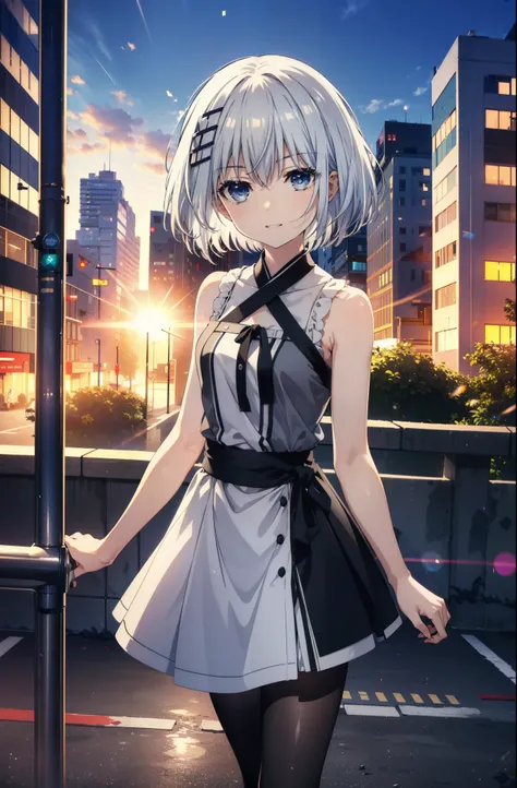 origamitobiichi, Origami Tobiichi Casual, short hair, blue eyes, hair ornaments, Gray Hair, Sleeveless dress,Long skirt,Black Pantyhose,Stiletto heels,happy smile, smile, Open your mouth,Real Summer,Daytime,sunny,Light of the sun,As if your whole body is i...