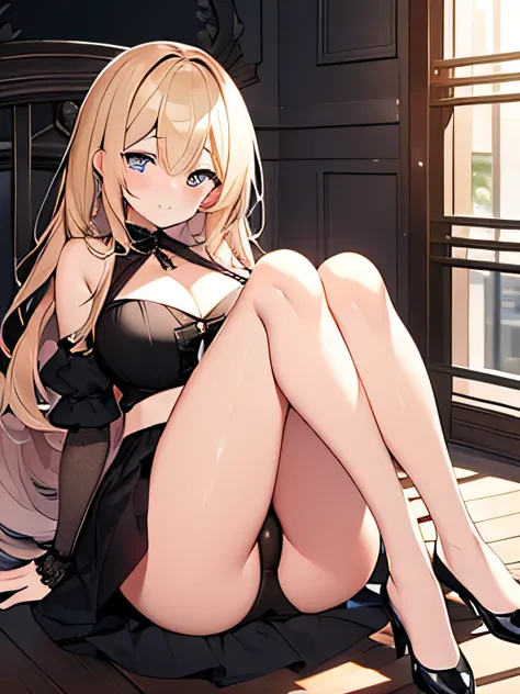 Tabletop, highest quality,figure, wallpaper, Super detailed, Absurd beauty、(night、Dark Room)、((1 beautiful girl、16 years old))、Black Babydoll、(Blonde、Medium Hair、Wavy Hair、Very large breasts、Beautiful legs)、Shyness