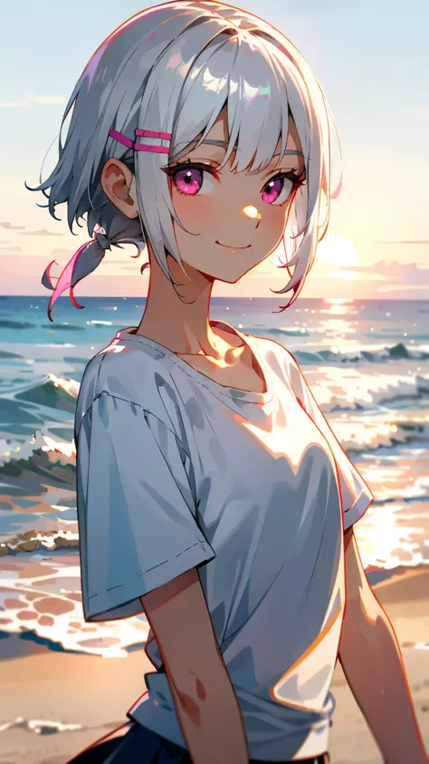 silver short hair and bob hair、hair tied up with a hair clip、pink eyes、white t-shirt、fair-skinned skirt、smile、slender body、upper...