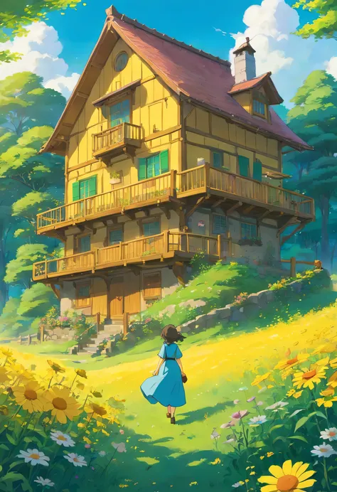 (best quality, high resolution, ultra-detailed, vibrant colors),golden lighting, gentle breeze, summer. Wide, lush meadow filled with yellow flowers. A wooden house nestled in the middle of the grassy field.