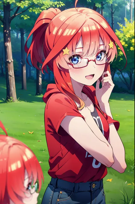 itsukinakano, Itsuki Nakano, bangs, blue eyes, Hair between the eyes, Ahoge, Redhead, star (symbol), hair ornaments, star hair ornaments,Akagi glasses, tooth, smile, Open your mouth,ponytail,Red hoodie,Short sleeve,Baseball cap,Food Up,Red Tank Top Shirt,S...