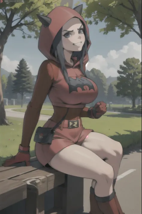 masterpiece, best quality, pkmntmg, fake horns, hoodie, red shorts, gloves, red boots, from side, sitting, bench, road, trees, smirk, looking at viewer, large breasts, huge breasts, amazing breasts,