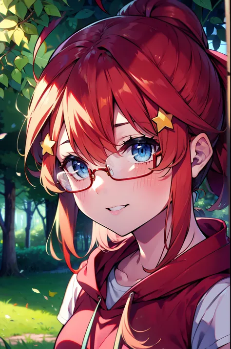 itsukinakano, Itsuki Nakano, bangs, blue eyes, Hair between the eyes, Ahoge, Redhead, star (symbol), hair ornaments, star hair ornaments,Akagi glasses, tooth, smile, Open your mouth,ponytail,Red hoodie,Short sleeve,Baseball cap,Food Up,Red Tank Top Shirt,S...