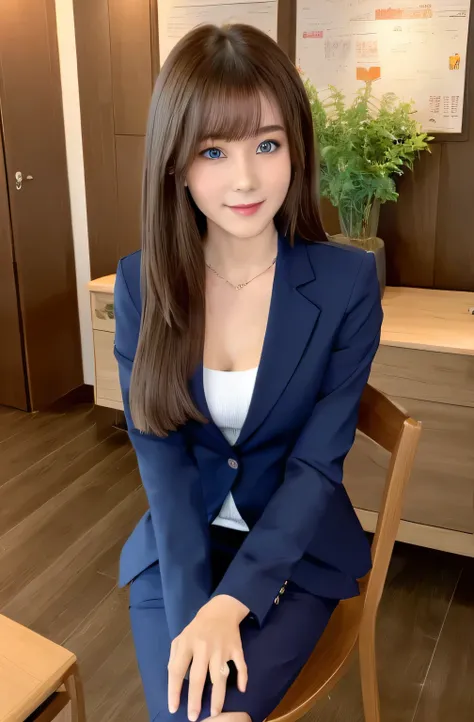masterpiece, 1 mature woman per photo, Front view, Cute Japanese Secretary, Long Bob Hair, Very cute face, Glossy Lips, Double eyelids on both eyes, Natural Makeup, (Brown Hair , Long Bob Hair), Asymmetrical bangs, High resolution, Attention to detail, Det...