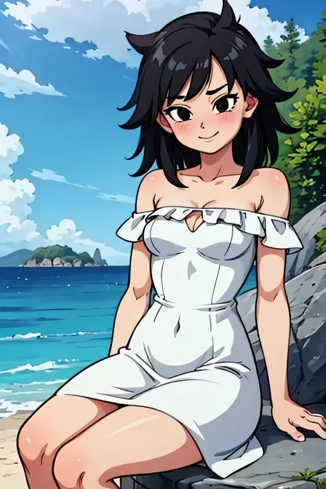anime screencap, masterpiece, best quality, highres, outdoors, small breasts, gine, spiky black hair, 1 girl, Solo, Black Eyes, Good hands are down, Smile, Blushing, Bare Neck, Bare Shoulders, strapless, White Ruffle Off-the-Shoulder maxi dress. Cowboy sho...