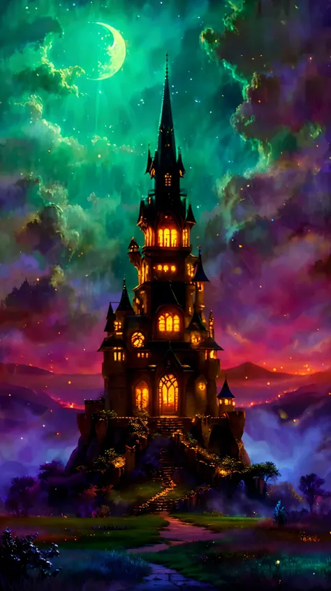 mysterious castle、misty landscape、majestic tower、intricate stone carvings、ethereal glow、bright colors、enchanting atmosphere、bree...