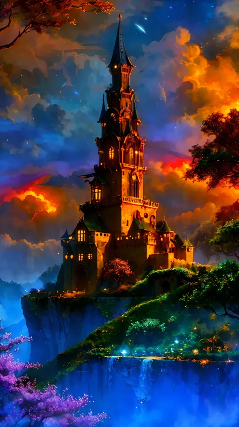 mysterious castle、misty landscape、majestic tower、intricate stone carvings、ethereal glow、bright colors、enchanting atmosphere、bree...