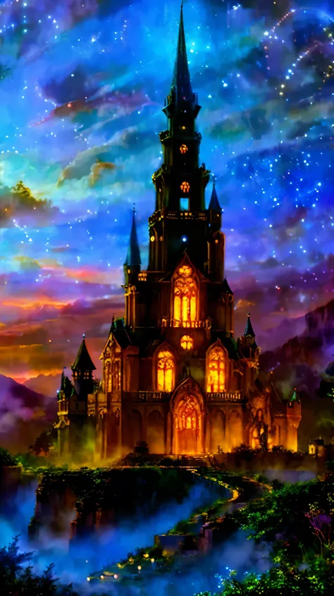 mysterious castle、misty landscape、majestic tower、intricate stone carvings、ethereal glow、bright colors、enchanting atmosphere、bree...