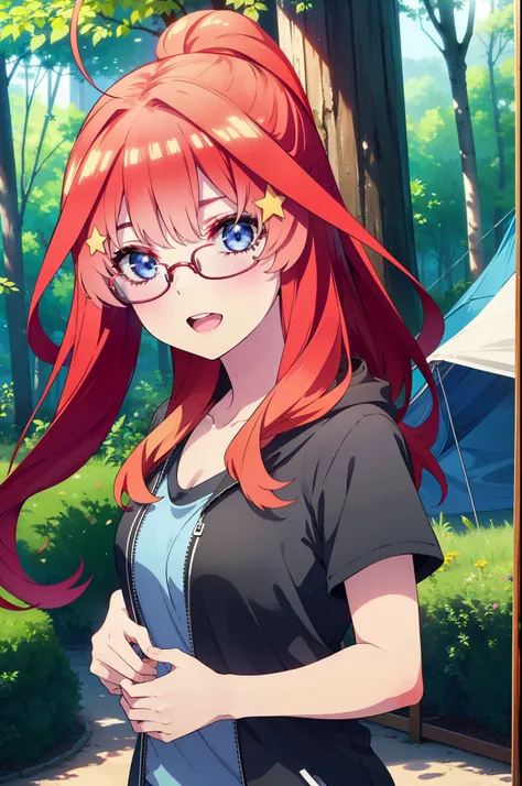 itsukinakano, Itsuki Nakano, bangs, blue eyes, Hair between the eyes, Ahoge, Redhead, star (symbol), hair ornaments, star hair ornaments,Akagi glasses, tooth, smile, Open your mouth,ponytail,Red hoodie,Short sleeve,Baseball cap,Food Up,Red Tank Top Shirt,S...