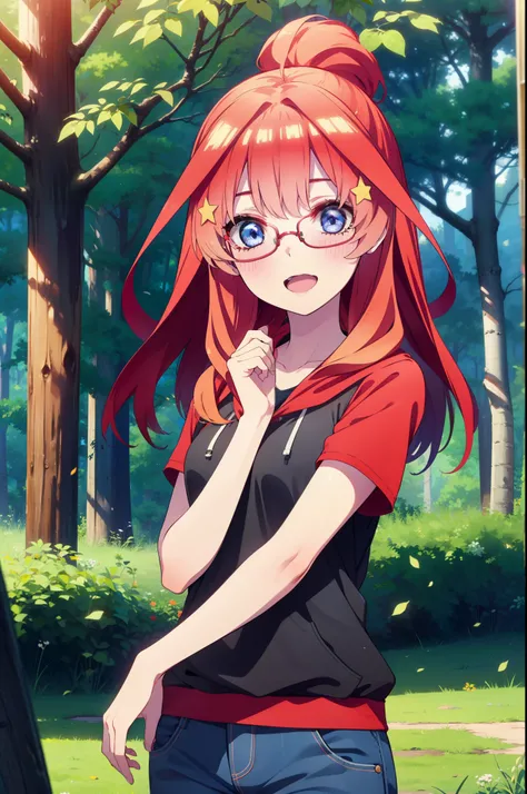 itsukinakano, Itsuki Nakano, bangs, blue eyes, Hair between the eyes, Ahoge, Redhead, star (symbol), hair ornaments, star hair ornaments,Akagi glasses, tooth, smile, Open your mouth,ponytail,Red hoodie,Short sleeve,Baseball cap,Food Up,Red Tank Top Shirt,S...