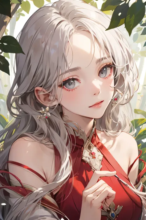 Empress, forest nymph, ethereal forest girl, perfect anatomy, hanging jewels, pretty girl, amazing body, best proportions, yunani red dress, ancient goddess ((((closeup face)))), looking at viewer, white long curl hair, grey eyes, closed mouth, elegant emp...