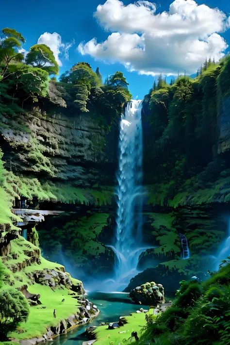 a waterfall with abundant water，green water, green mountain々, blue sky and white clouds