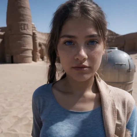 photo of a college student, in Desert Color Coarse Linen Pink,Desert Color Coarse Linen, (freckles:0.8) cute face, sci-fi, dystopian, detailed eyes, Heterochromia eyes（（Side view））（Dune 2）((Cobalt blue eyes))