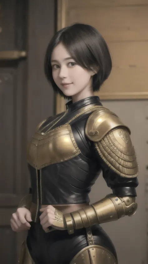 223 Short Hair, 20-year-old woman, A kind smile, (Luxurious stables), (Rembrandt-style painting), ((Mechanical Suit,Clothes with short sleeves)),I can see your abs