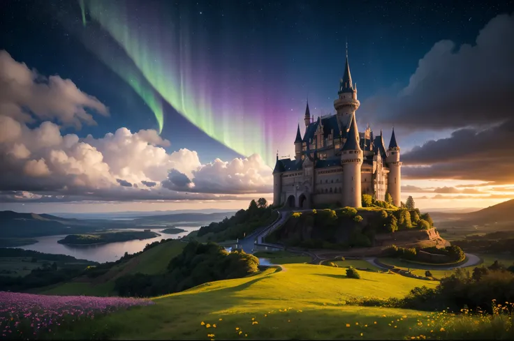 A gigantic floating castle, surreal and dreamlike, covered with clouds, (best quality, highres, vivid colors), (surrealism, fantasy) with (ethereal, magical) atmosphere. The castle is magnificently detailed, shining in different colors under the (soft, gen...