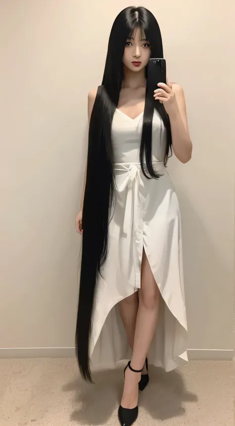 (Full Body Shot:1.3)　(White wall:1.3)　Beautiful 26 year old woman with long black hair, girl with super length Hair, extremely length Hair, extra length Hair, very long, Flowing Hair, very length Hair, length Hair girl, very long, Flowing black hair, lengt...