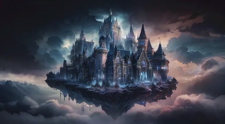 (best quality, ultra-detailed, photorealistic), A stunning 3D render of an otherworldly dream castle, floating high in the clouds. The architecture is a unique blend of Gothic and medieval styles, with a touch of dark fantasy and mysticism. The castle is s...