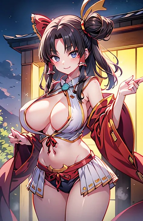 Anime illustration、highest quality、Voluptuous Shrine Maiden、Reimu Hakurei、Karasutengu、Perfect proportions、shrine、overwhelmingly big breasts、very thick thighs、Beautiful, shining eyes、Cowboy Shot、smile、Noise Reduction