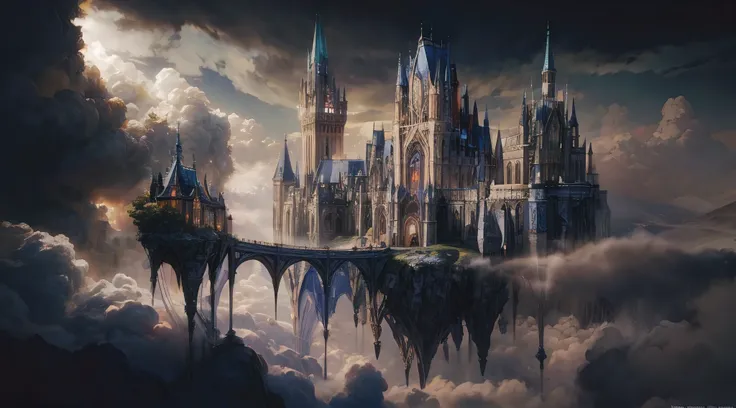 (best quality, ultra-detailed, photorealistic), A stunning 3D render of an otherworldly dream castle, floating high in the clouds. The architecture is a unique blend of Gothic and medieval styles, with a touch of dark fantasy and mysticism. The castle is s...