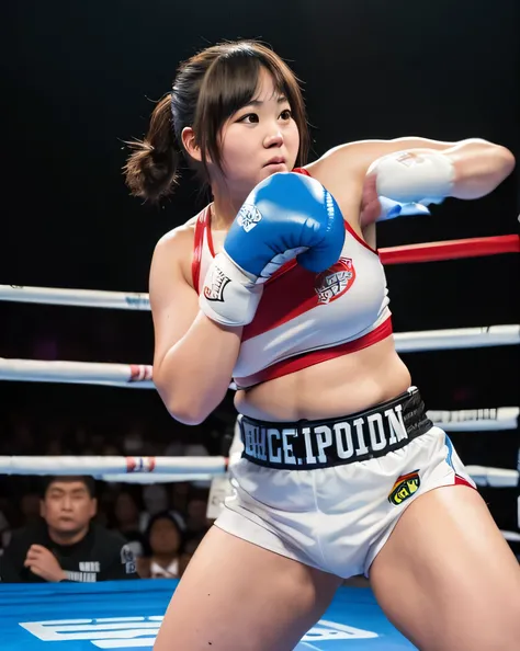 ((Extremely fat Japanese female chubby boxer wears championship belt in the ring)), 4k, High resolution, masterpiece, highest quality