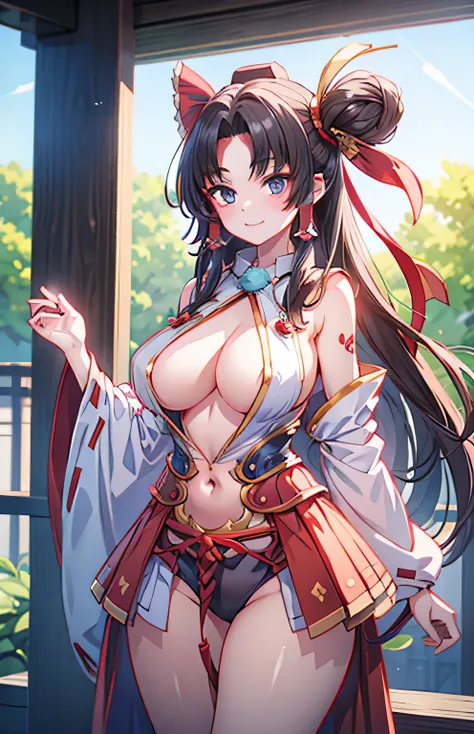 Anime illustration、highest quality、Voluptuous Shrine Maiden、Reimu Hakurei、Karasutengu、Perfect proportions、shrine、overwhelmingly big breasts、very thick thighs、Beautiful, shining eyes、Cowboy Shot、smile、Noise Reduction