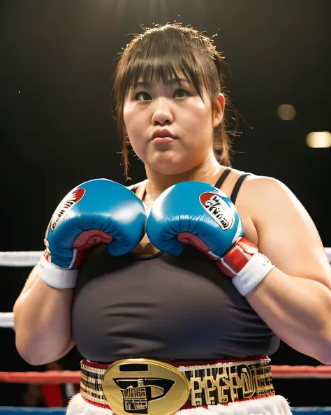 4k, masterpiece, High resolution, confused,Natural volumetric lighting and best shadows, ((Extremely fat Japanese female chubby boxer wears championship belt in the ring))