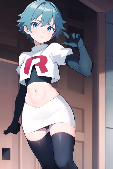 masterpiece, absurdres, male focus, trap, crossdressing,1boy, chongyun,blue hair, blue eyes, team rocket,team rocket uniform,white skirt,red letter R,crop top,black thigh-highs,black elbow gloves