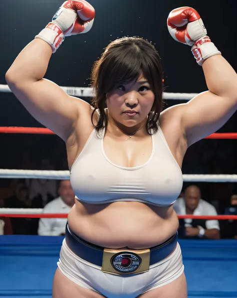 4k, masterpiece, High resolution, confused,Natural volumetric lighting and best shadows, ((Extremely fat Japanese female chubby boxer wears championship belt in the ring))