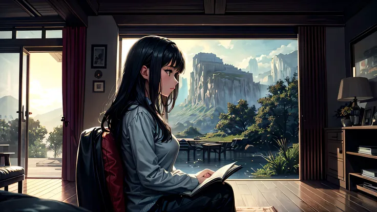 alone, Singular light, woman, face seen from the side, sideways, cosmic, fantsy, looking away:1.4, adult, busty, Ghibli-like design, living room, sitting, dark hair, studying, Completely, landscape orientation, side view, music