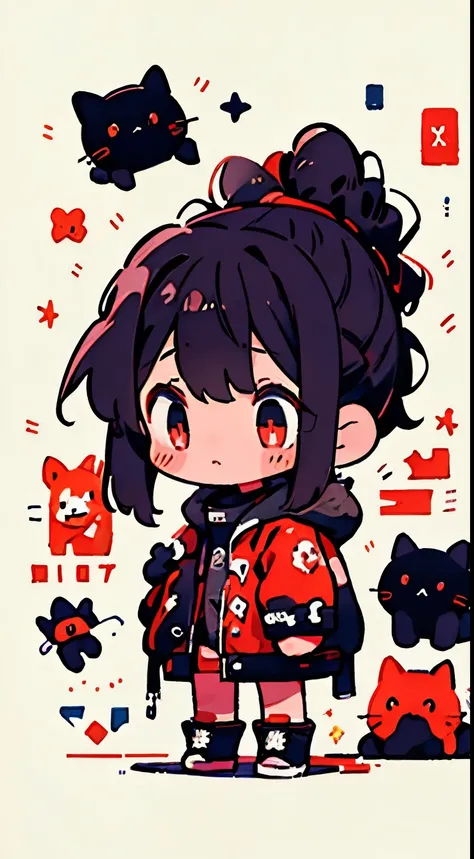 A girl、Dark-haired、Cute little、Parka、ponytail、Red Eyes、masterpiece、Top quality、Top image quality