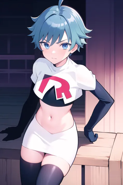 masterpiece, absurdres, male focus, trap, crossdressing,1boy, chongyun,blue hair, ahoge,blue eyes, team rocket,team rocket uniform,white skirt,red letter R,crop top,black thigh-highs,black elbow gloves