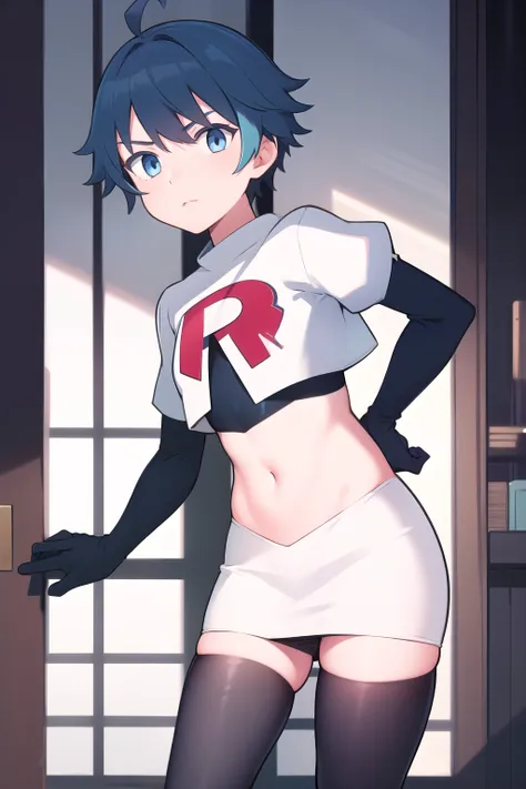 masterpiece, absurdres, male focus, trap, crossdressing,1boy, chongyun,blue hair, ahoge,blue eyes, team rocket,team rocket uniform,white skirt,red letter R,crop top,black thigh-highs,black elbow gloves