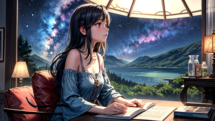 alone, Singular light, woman, face seen from the side, sideways, cosmic, fantsy, looking away:1.4, adult, busty, Ghibli-like design, living room, sitting, dark hair, studying, Completely, landscape orientation, side view, music