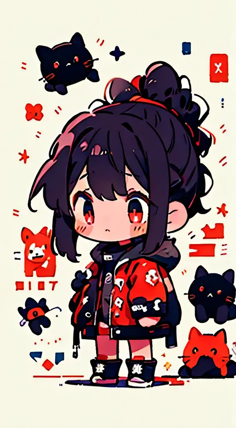 A girl、Dark-haired、Cute little、Parka、ponytail、Red Eyes、masterpiece、Top quality、Top image quality