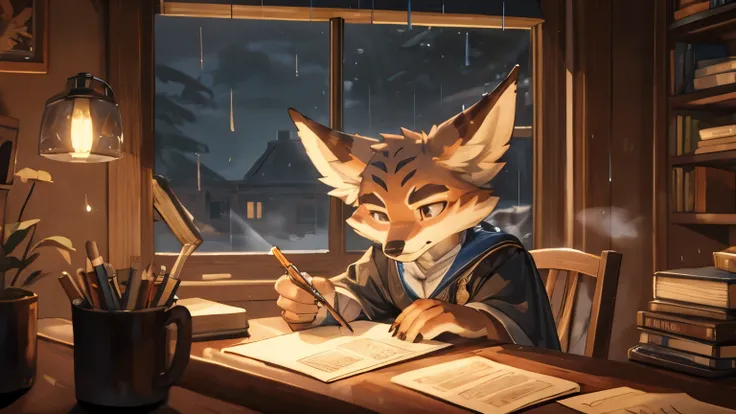 In a lamplit corner with a steaming cup of coffee on a wobbly desk., a vulpera with headphones in front of his computer with green fur sits in front of a pile of books and papers, On the right side of the room there is a window where you can see that it is...