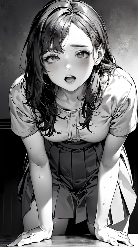 (depicting a single moment from a manga for adults), ((manga-style line art background)), ((pleated skirt, round face, eyes with...