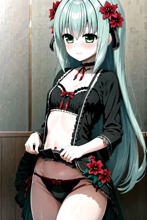 1 girl、Silver Hair、Pale skin、Long Hair、Red flower hair ornament、Emerald green eyes、Small breasts、Gothic Lolita Clothing、、High resolution、highest quality、Anime Moe Art Style、Cowboy Shot、、Anime Best Girl, Cute Anime Girl、lingerie、panties、Skirt flip、Self Lift...