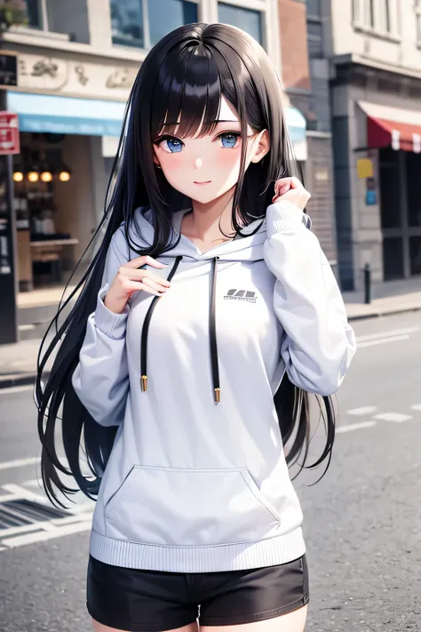 1girl, black hair, detailed face, german, black hoodie, hoodie, long hair, very long hair, light blue eyes, blue eyes, white skin, kuudere, ice cream,