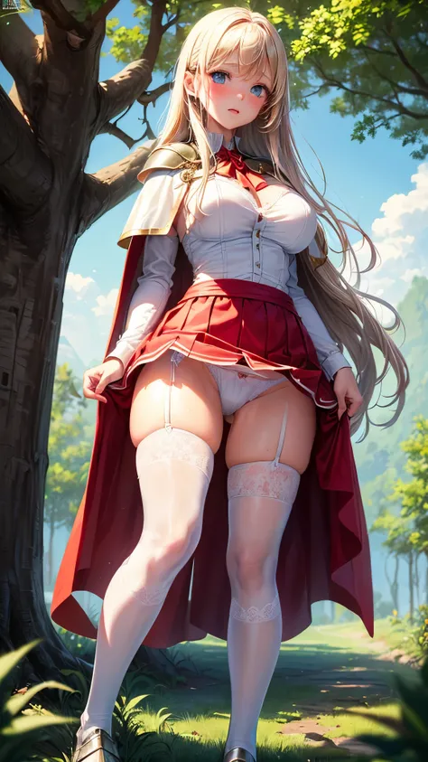 best quality,1girl,((((10 years old:1.3)))))),((big breasts:1.3)),curvy,orgasm,blush, sweat,blue eyes,blonde hair,((long hair:1.3)),straight hair,((waist-cape armor,white shirt,red skirt:1.3)),mini skirt,fantasy,((lift skirt,upskirt,lace panties,white pant...